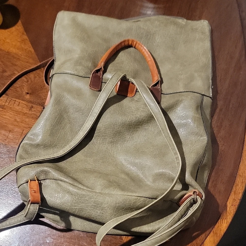 Green Roll-Top Backpack with Leather Accents